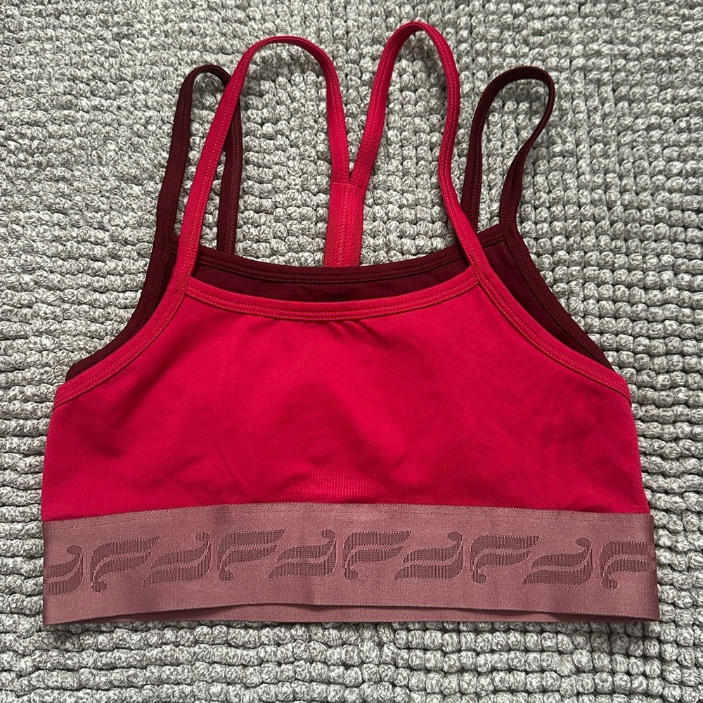 Fabletics purple and pink double strap sports bra